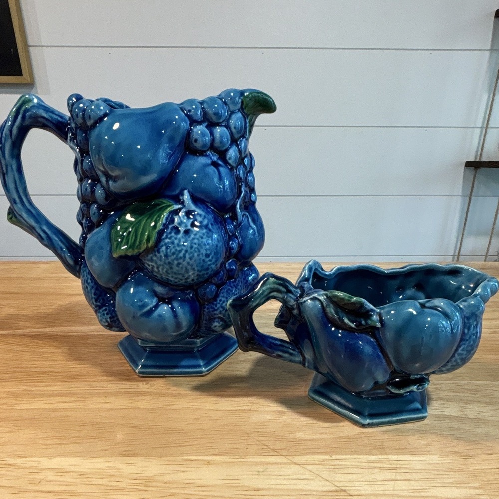 INARCO "Indigo Mood" Blue Green Grapes Ceramic Pitcher & Sugar Bowl Set 2pc